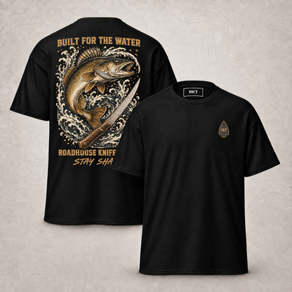 Built for the Water Tee front and back, black t-shirt with RKT chest logo and walleye artwork