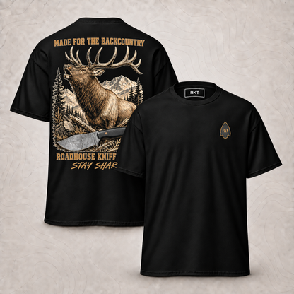 The Backcountry Tee front and back, black t-shirt with RKT chest logo and elk artwork