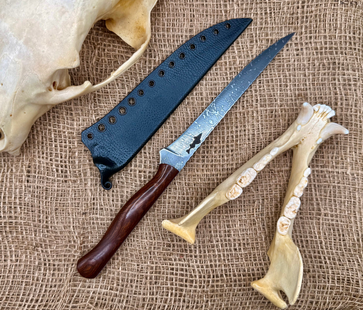 The Reef 7" fillet knife with desert ironwood handle and black textured kydex sheath