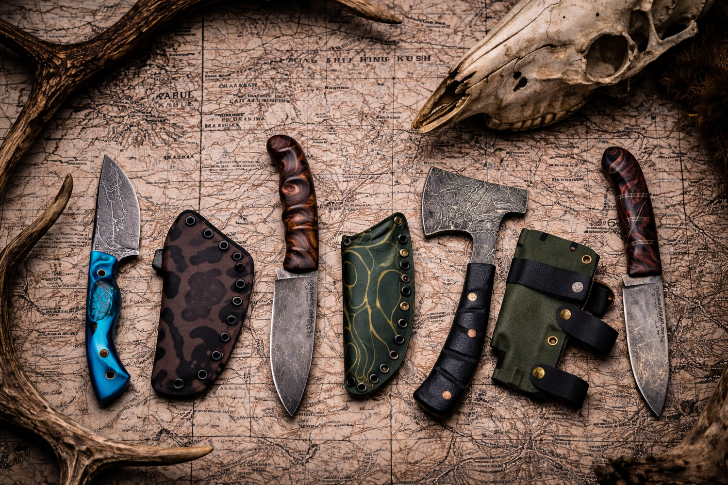 Handcrafted Roadhouse knives, hatchet and sheaths displayed on a vintage map beside a deer skull