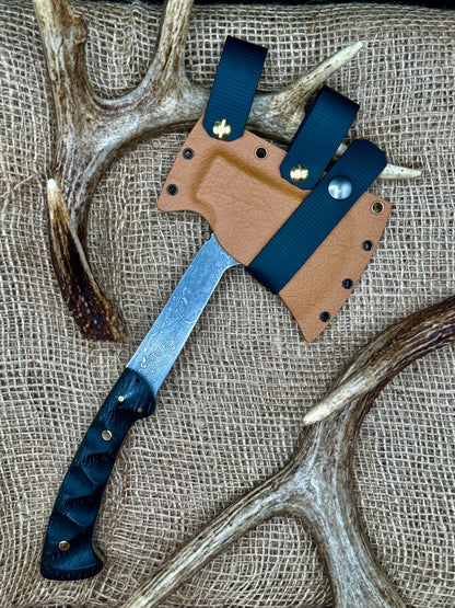 The Ridgeback hatchet with olive drab and whiskey tan leather kydex sheath